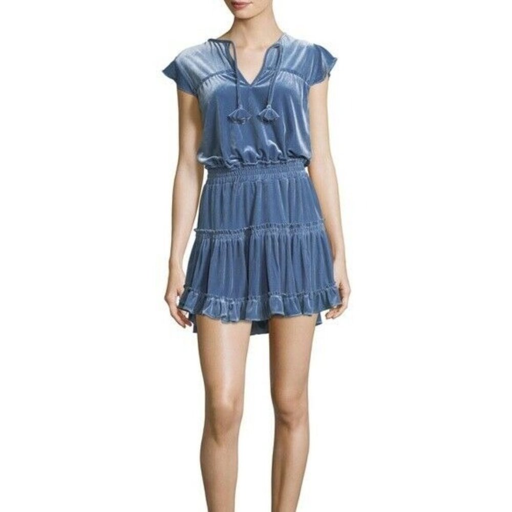 Misa Dress Blue Velvet Tiered Elastic Flutter S